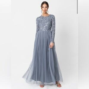 MAYA DELUXE Long Sleeve Dusty blue bridesmaid dress with sequin top
